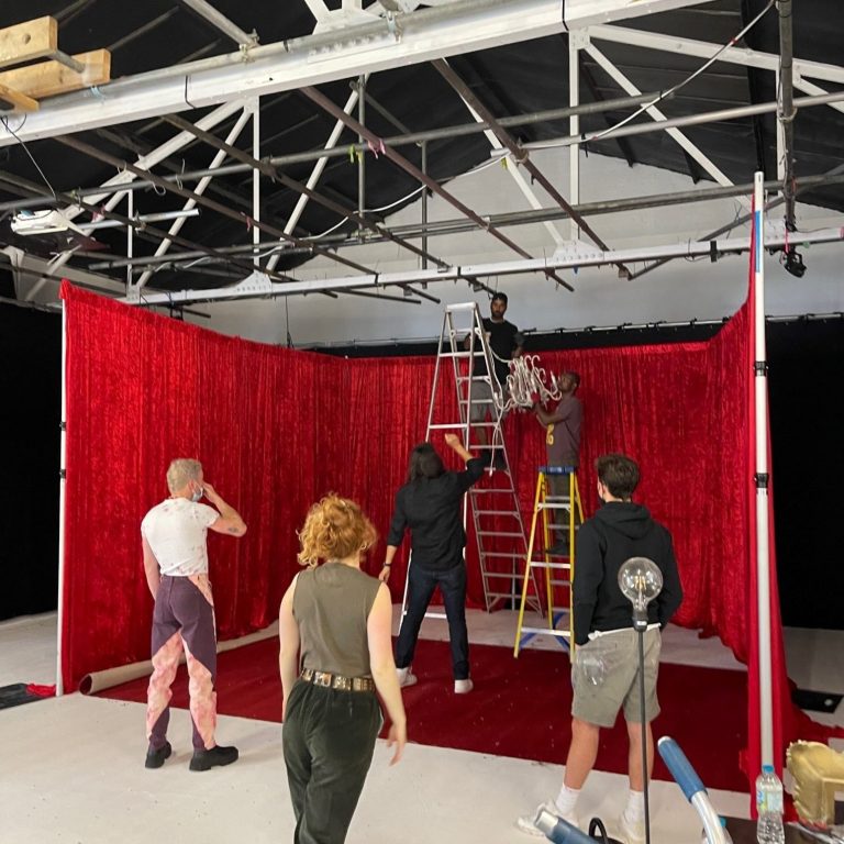 red velvet drapes for a London photo shoot
